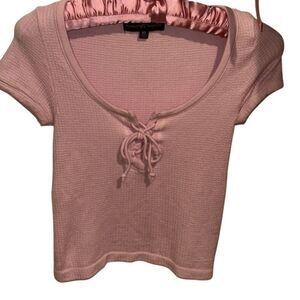 Almost Famous Pink Lace-up Textured Waffle Knit Cap Sleeve Top Ladies XS